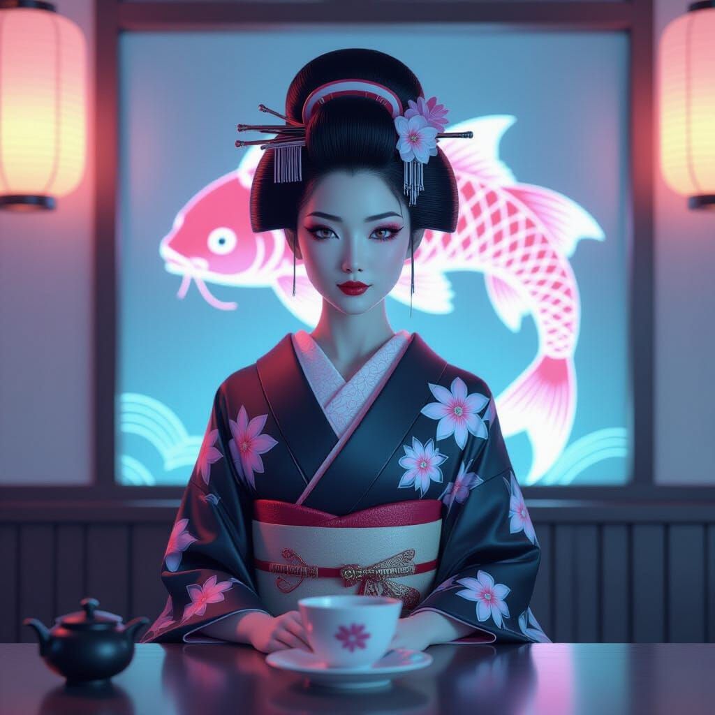 Android Geisha in Minimalist Tea Room: Digital Art
