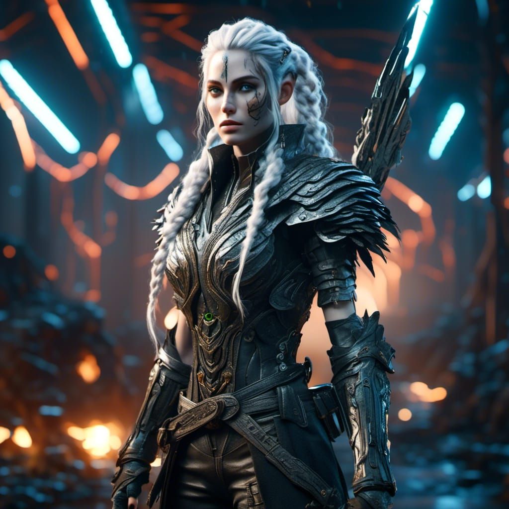 Cyberpunk Elf Warrior in Sci-Fi Landscape