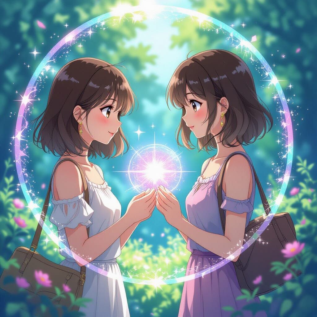 Anime Women Meet Through Shimmering Portal
