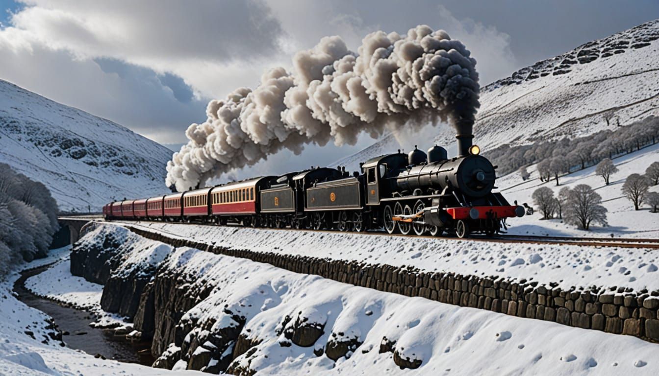 Vintage Steam Train Crossing Scottish Highlands Snowscape
