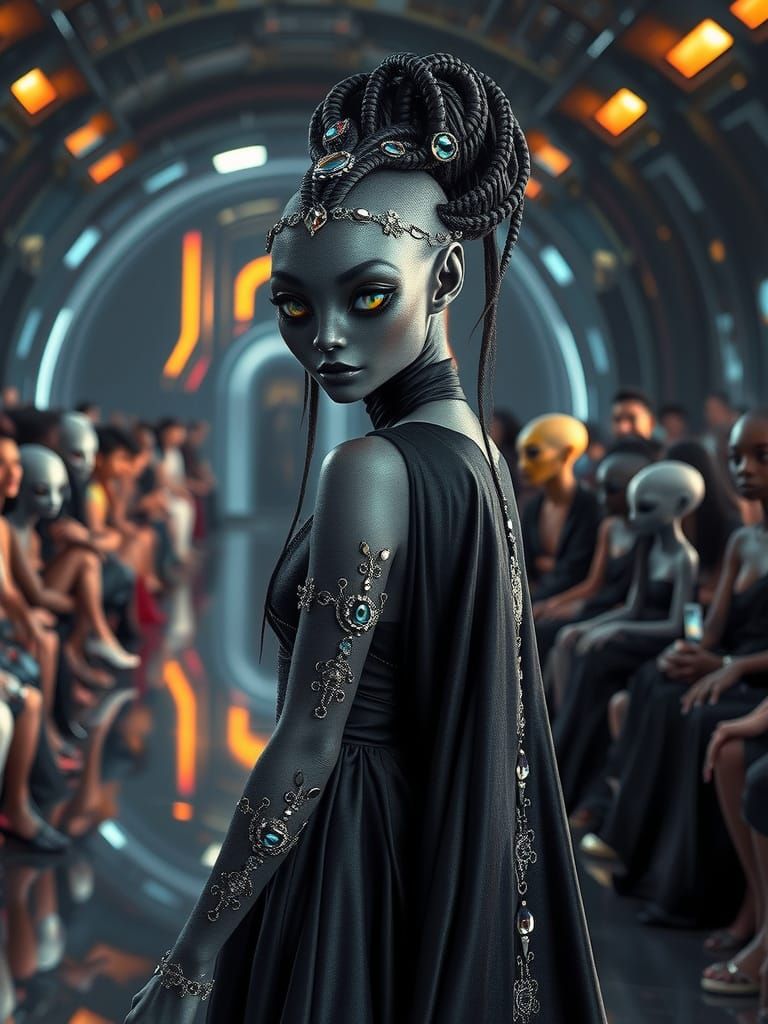 Ethereal Alien Runway Model in Futuristic Fashion Show