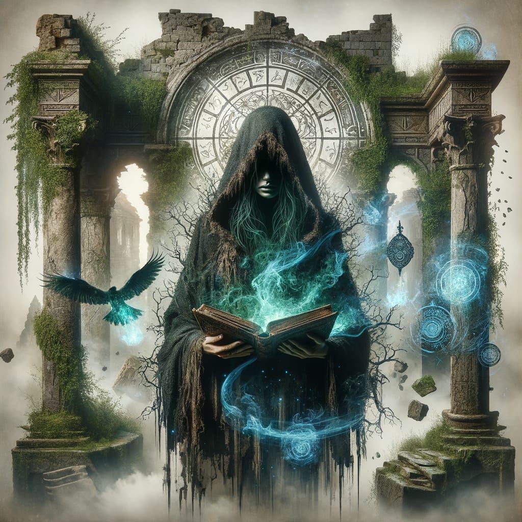 Sorceress Silhouette in Overgrown Temple Ruins