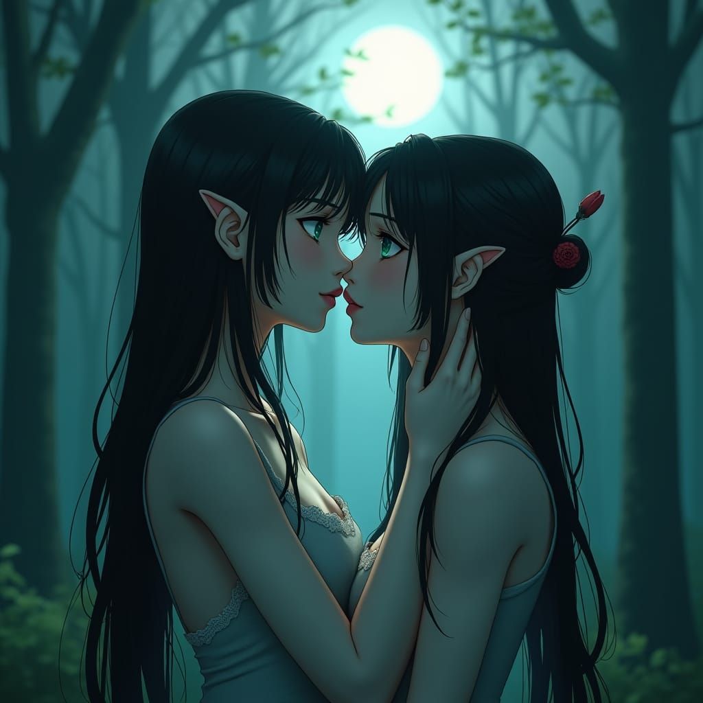 Moonlit Vampire Kiss in Anime Style
