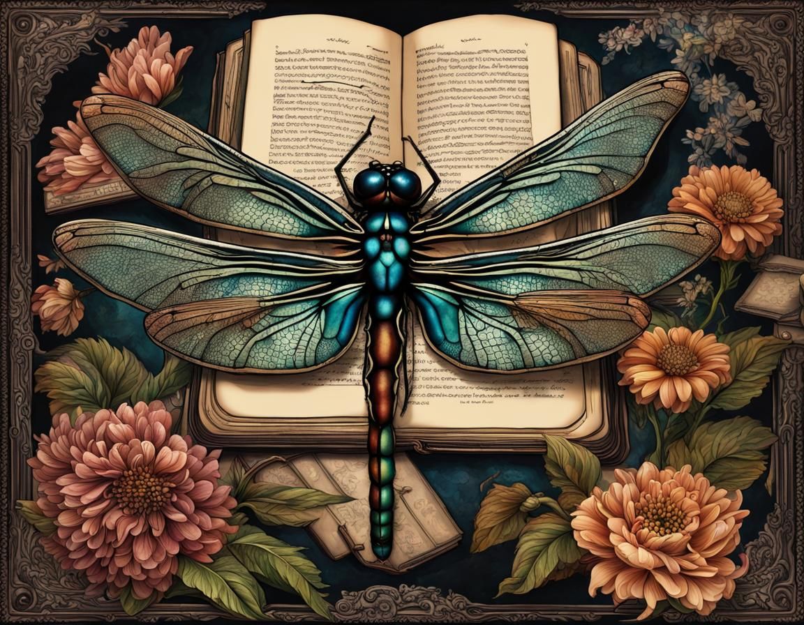 Dark Academia Dragonfly with Flowers and Books