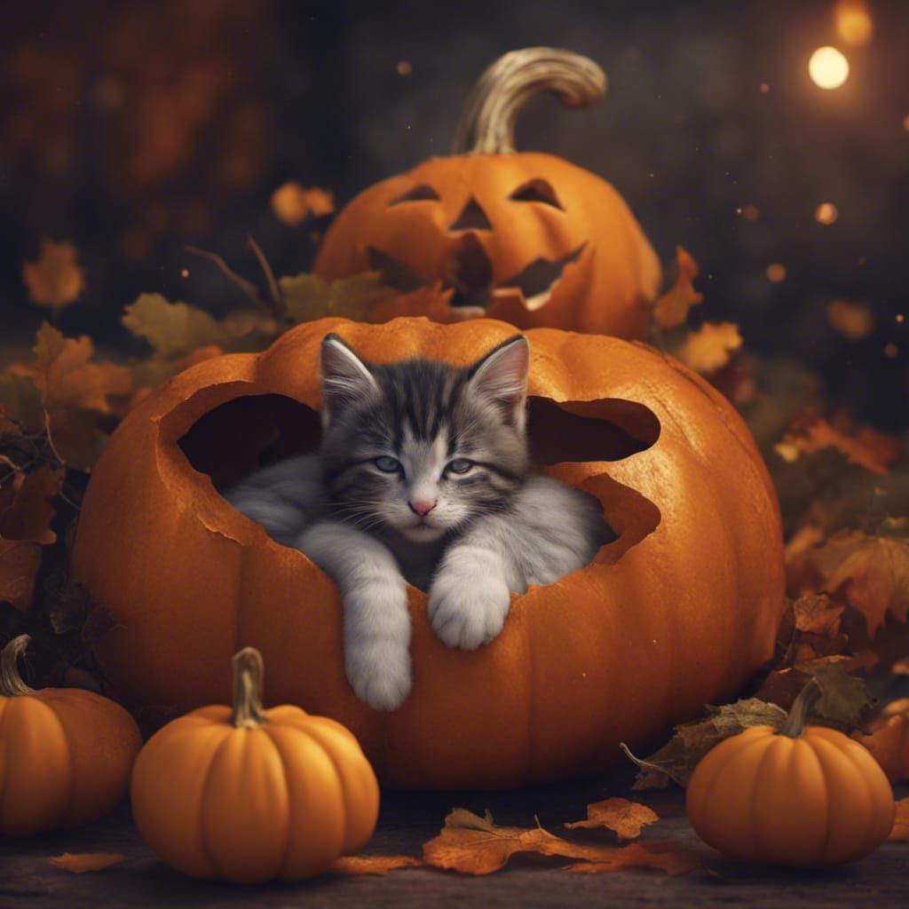 Kitten Napping on Pumpkin in Photorealistic Matte Style