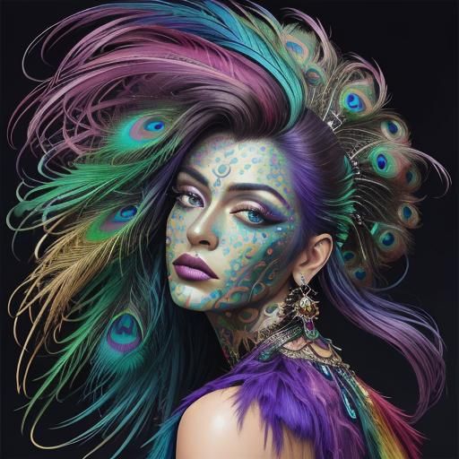 Rainbow Woman with Peacock Feathers, Abstract Oil Painting