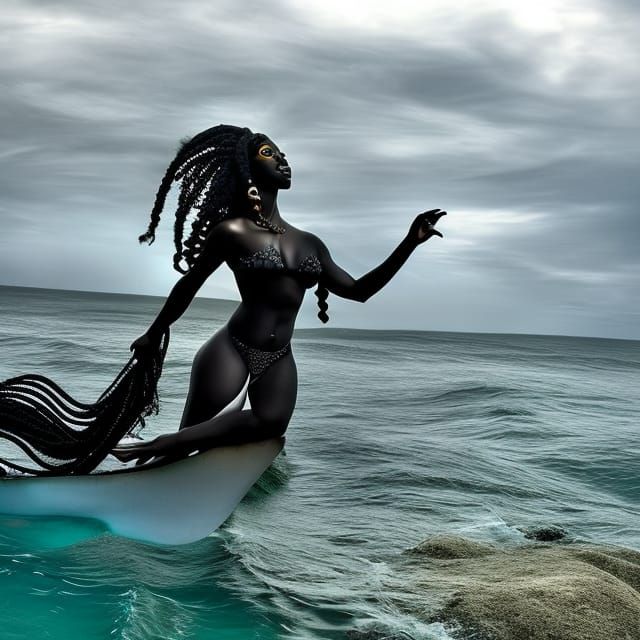 Black Mermaid Swimming Underwater: Hyperrealistic HDR Portra...