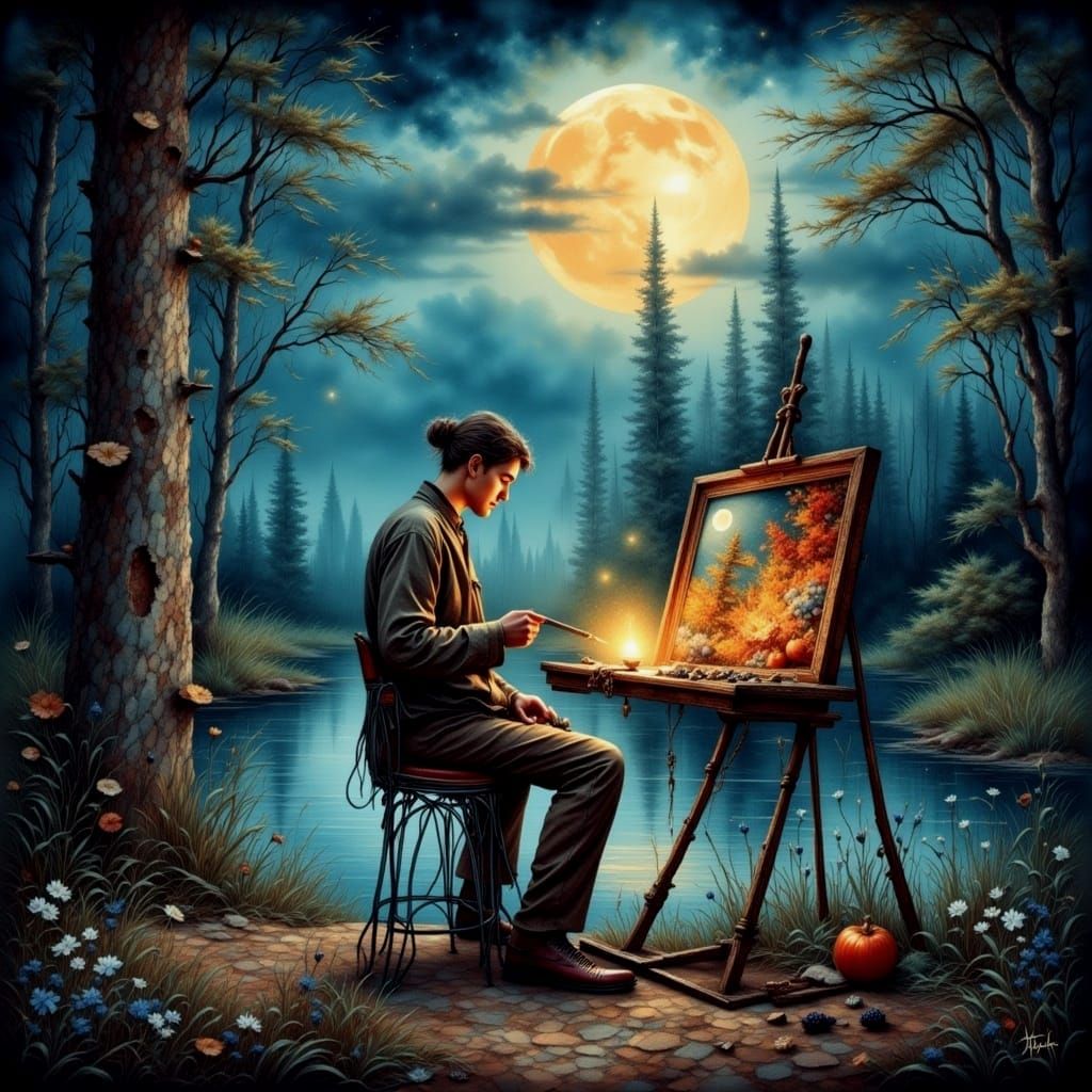 Man Painting Under the Moon in Antique Watercolor