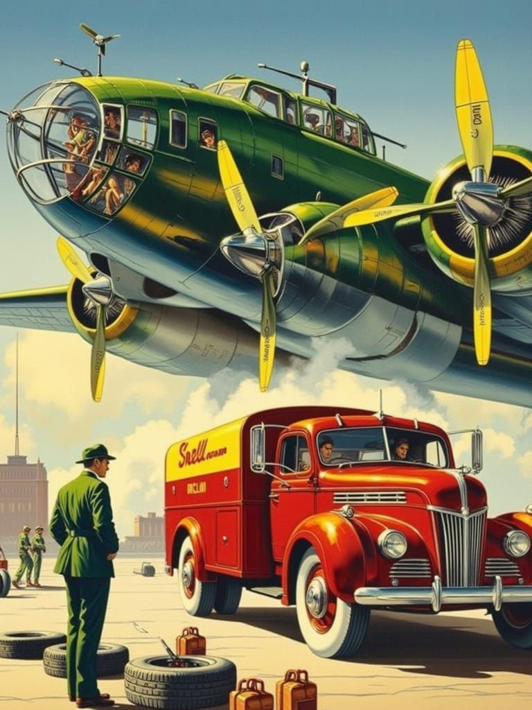 Surreal Aviation Refueling Scene in Vintage Propaganda Style