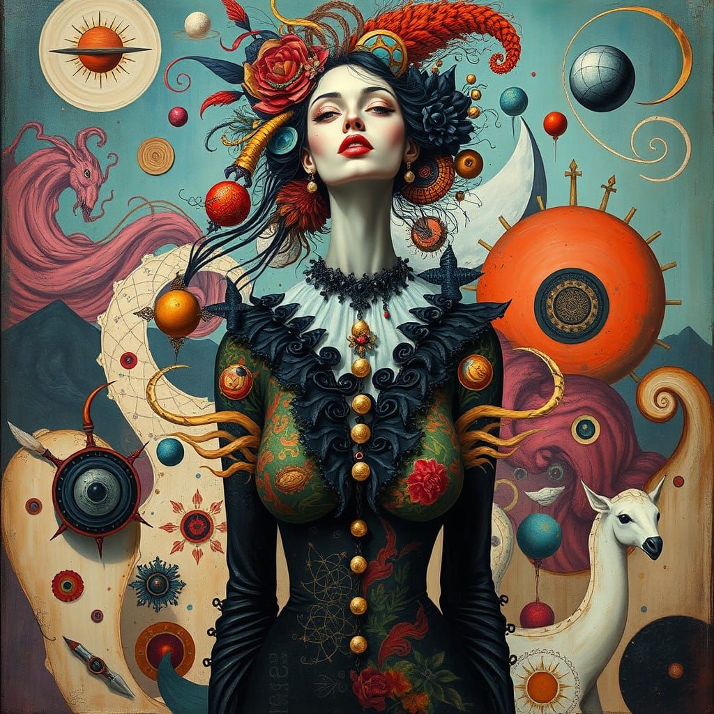 Surreal Woman in Vibrant, Whimsical Dreamlike Scene