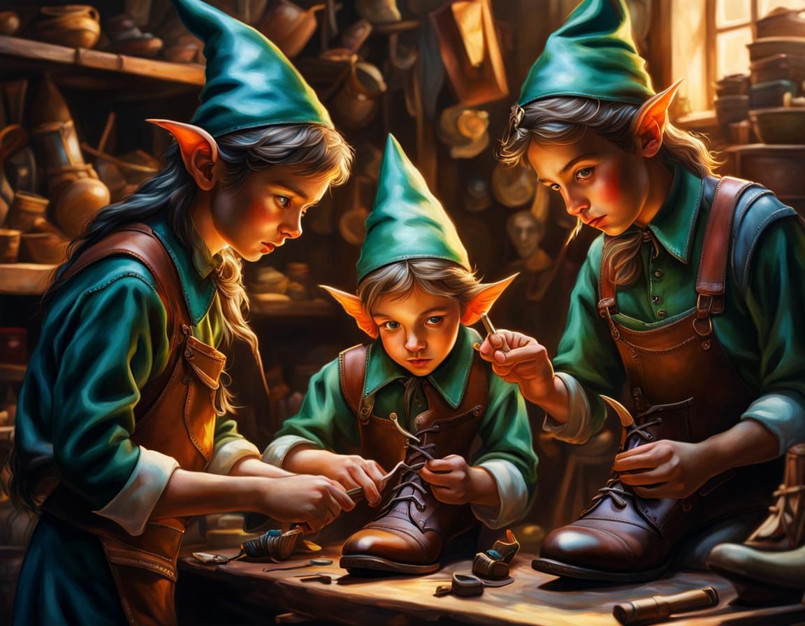 Elves Repairing Shoes in Workshop: Hyperrealistic Art