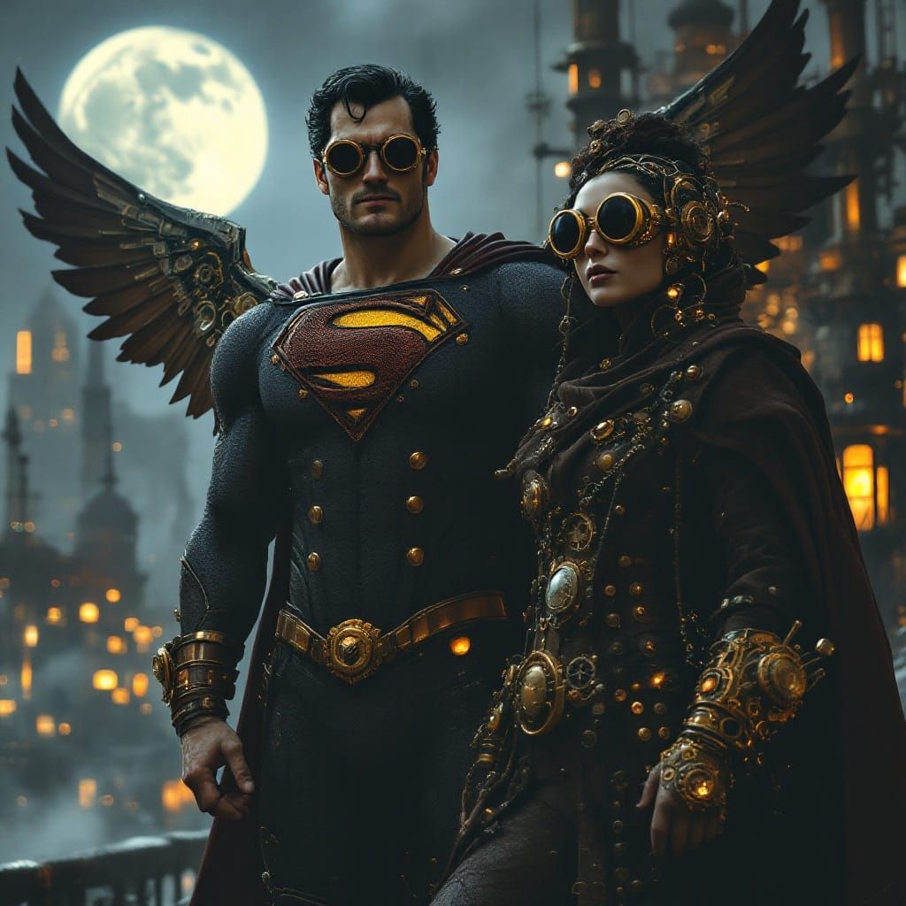 Steampunk Superman and Khalid in Moonlit Victorian City
