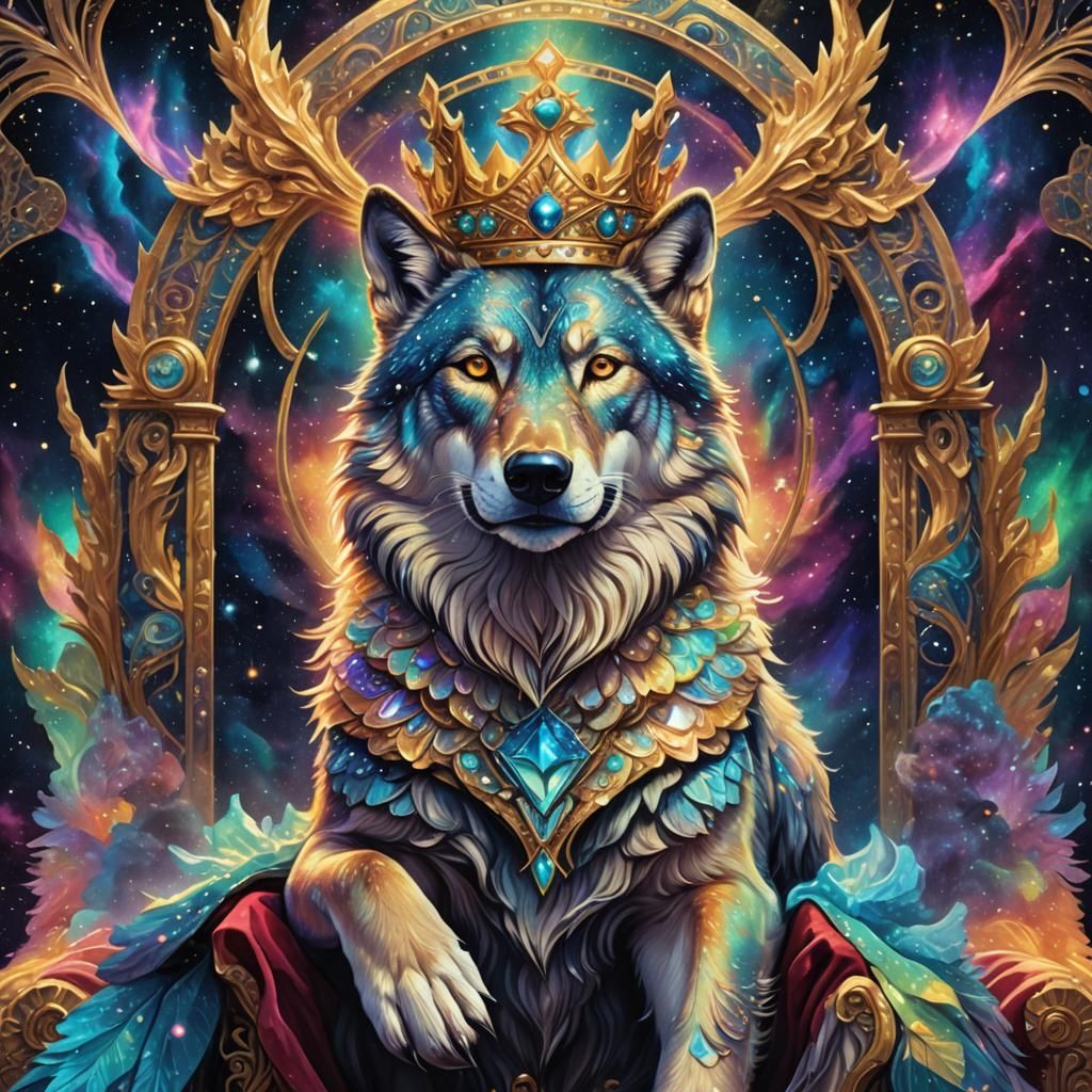 Regal Wolf on Celestial Throne: Holographic Illustration