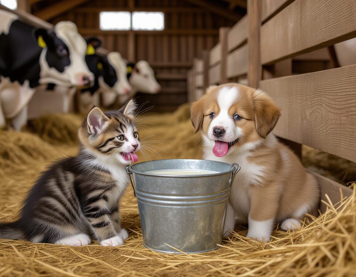 Kitten and Puppy Share Milk, Rustic Charm