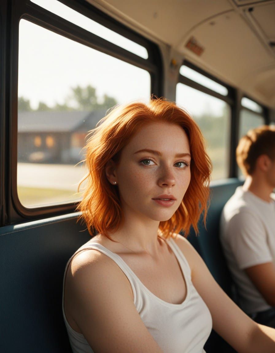Femme en Rouge dans un Bus Sombre sous la Lumière du Soleil