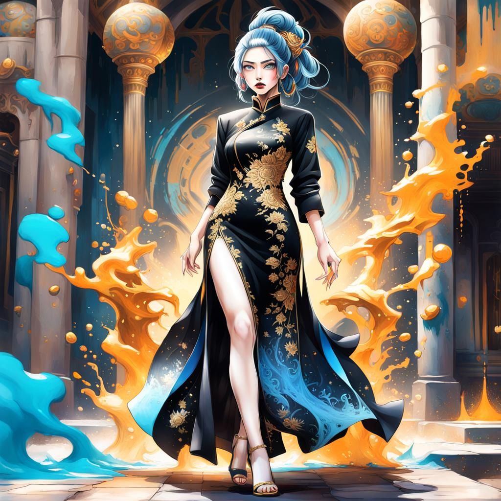 Magic Caster Girl in Qipao, Graffiti Art Style