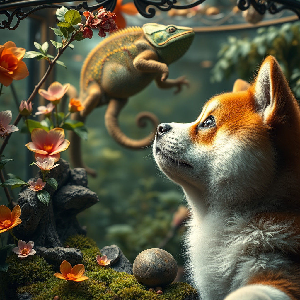 Wonderstruck Akita Inu Puppy Admires Vibrant Chameleon in Gl...
