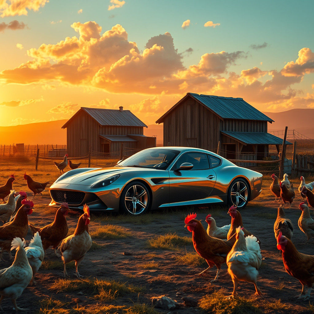 Coupe Car Juxtaposed on Rustic Chicken Farm
