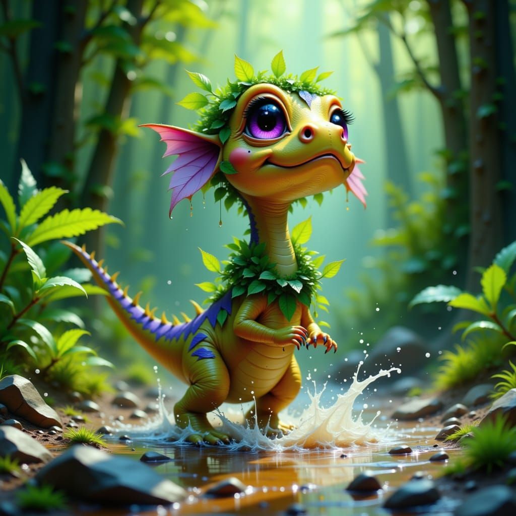 Whimsical Baby Diplodocus in Lush Forest