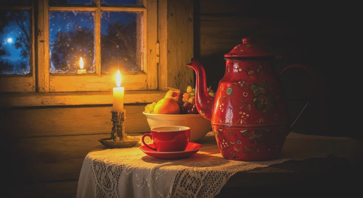 Golden Glow on a Rustic Village Night