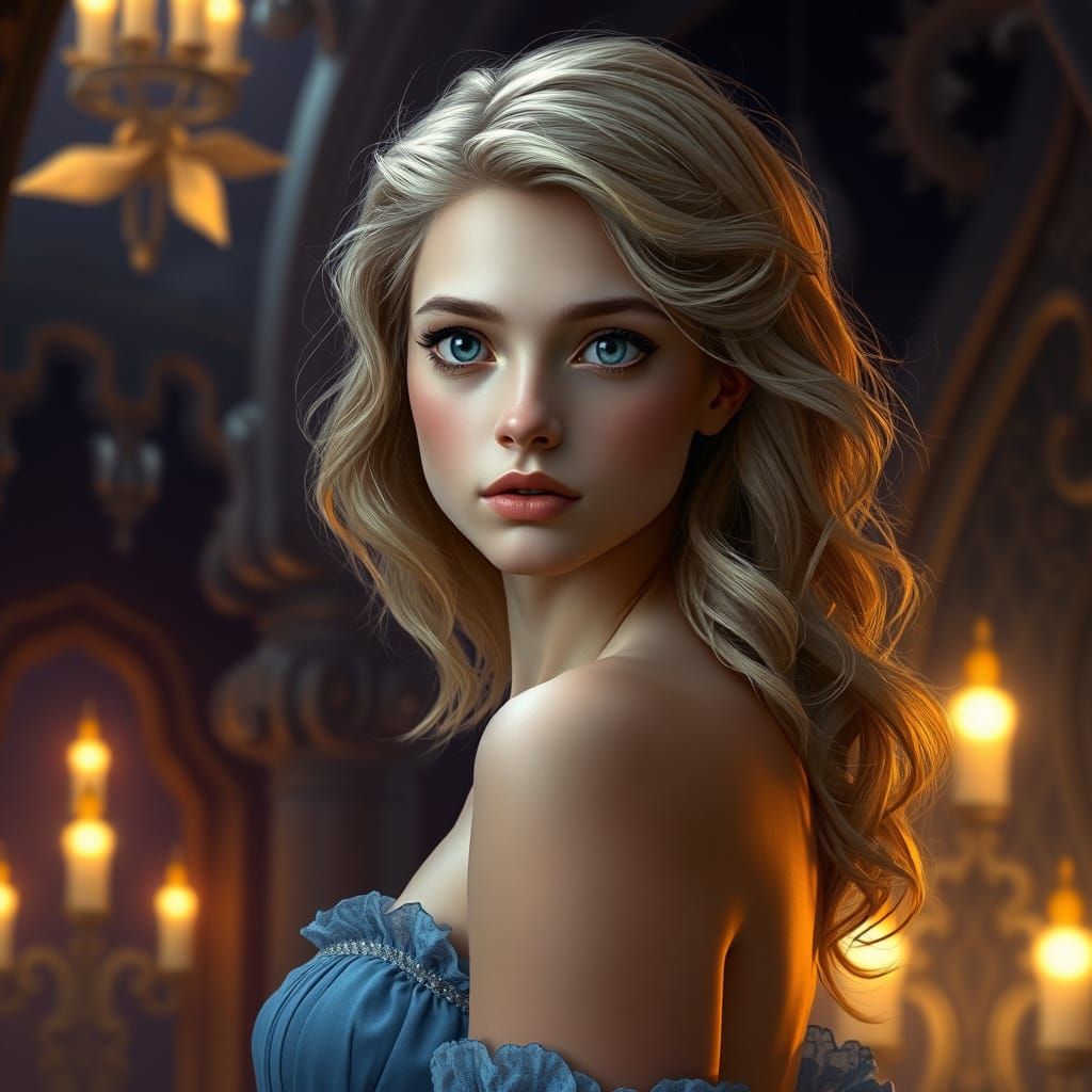 A young woman with soft, wavy blonde hair gazes thoughtfully. She has striking features, fair skin, and a delicate, eleg...