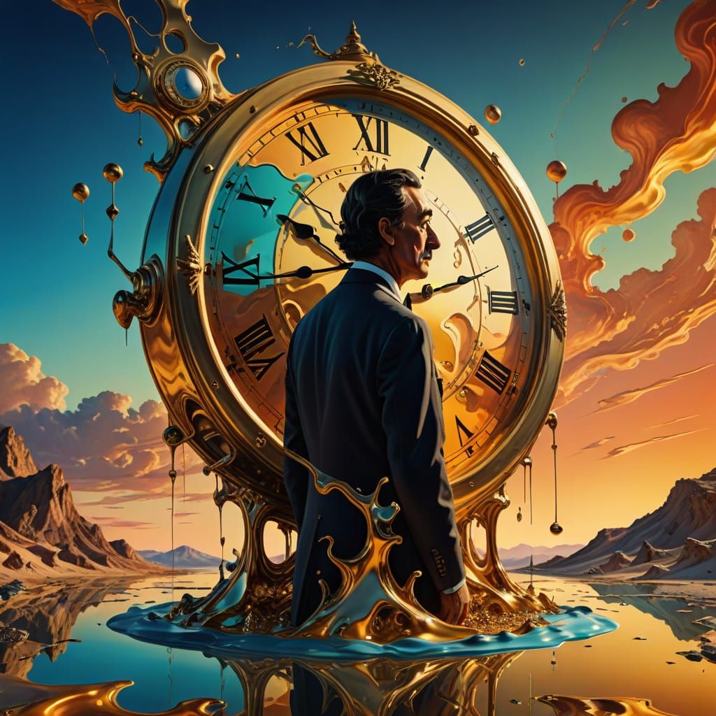 Surreal Person with Melting Clock in Dali Style
