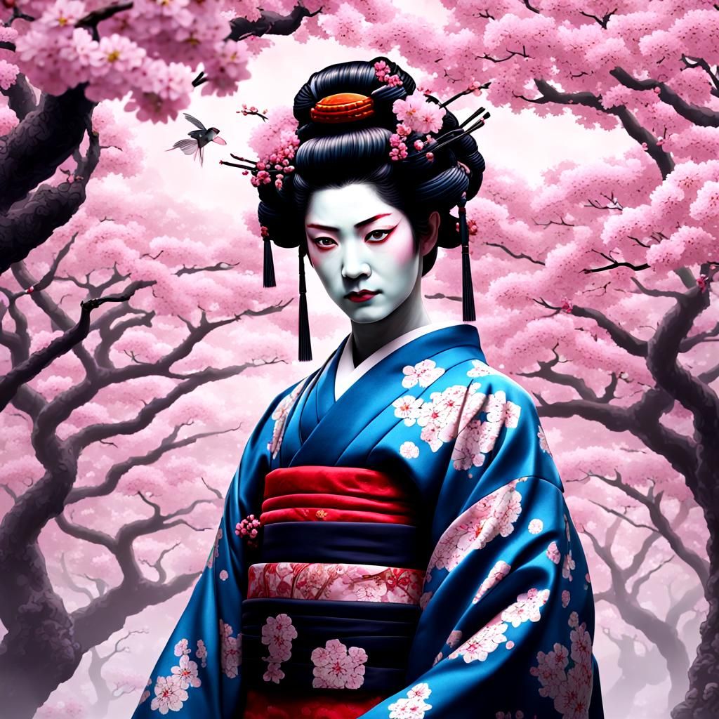 Male Geisha Medusa Surrounded by Cherry Blossoms
