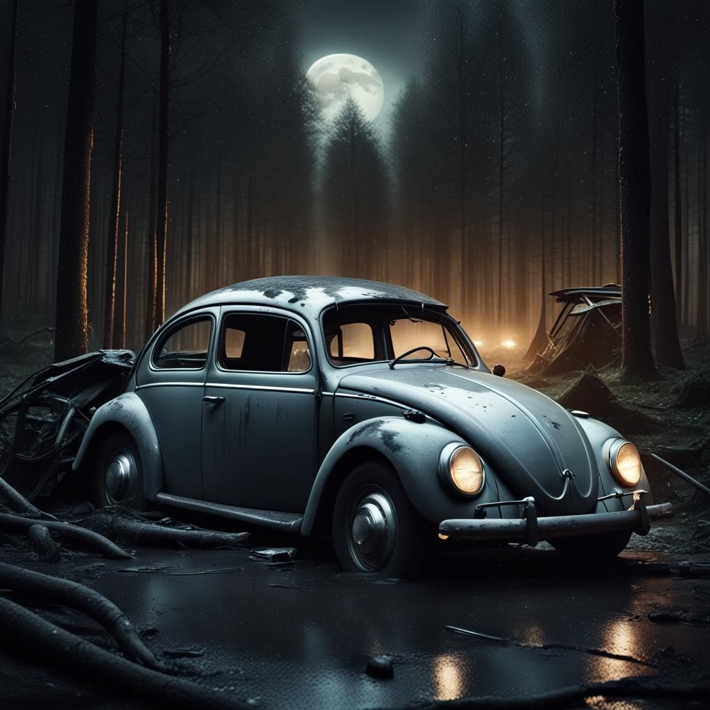 Wrecked VW Beetle in Noir Forest at Night