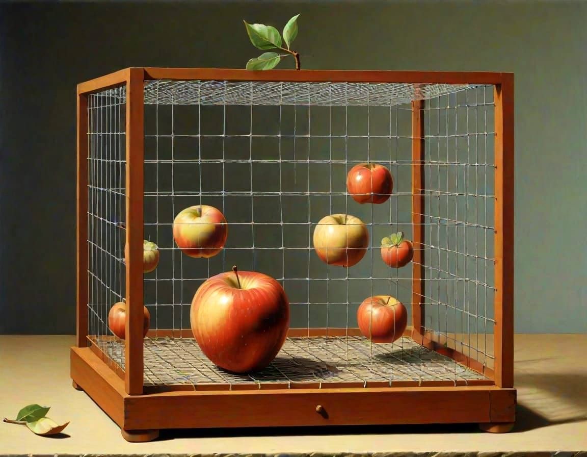 Surreal Apple Cage in Magritte Collage Style