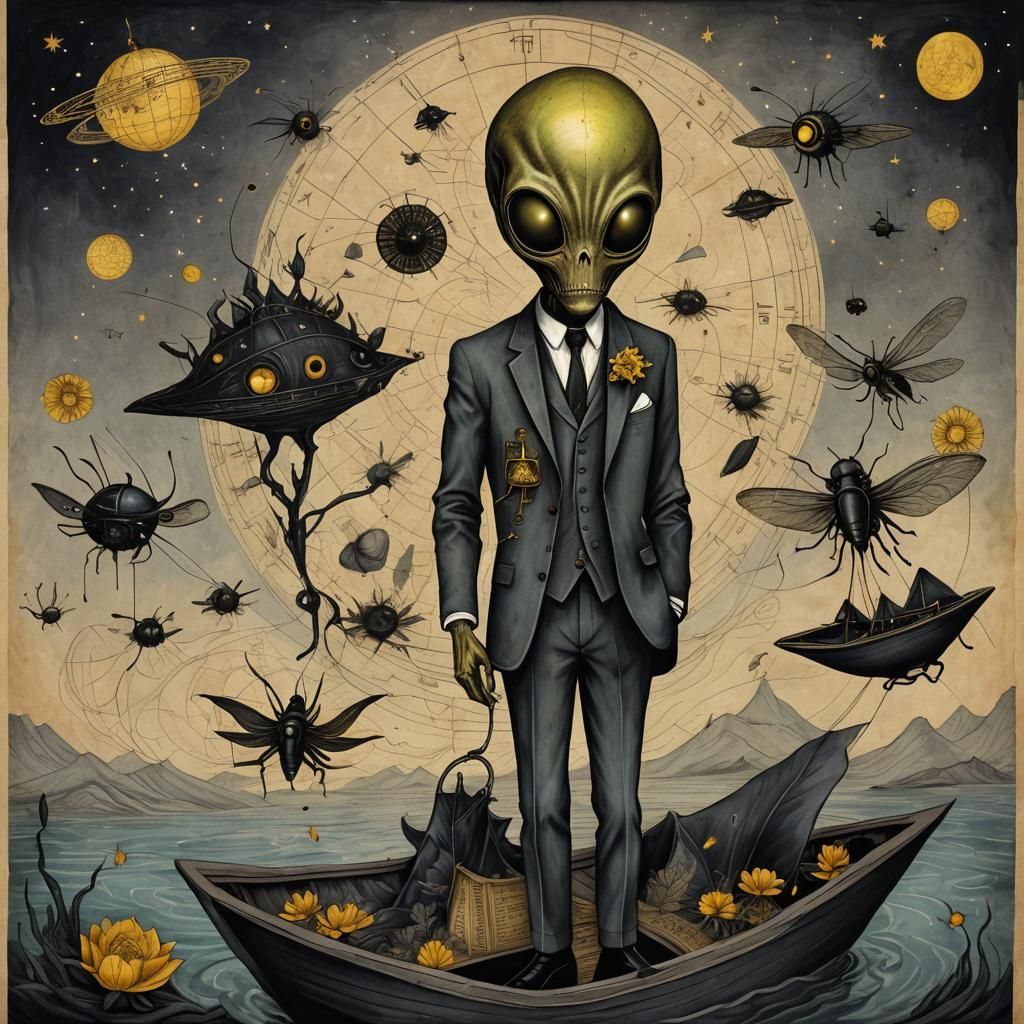 Surreal Alien Voyage with Fireflies and Vintage Map