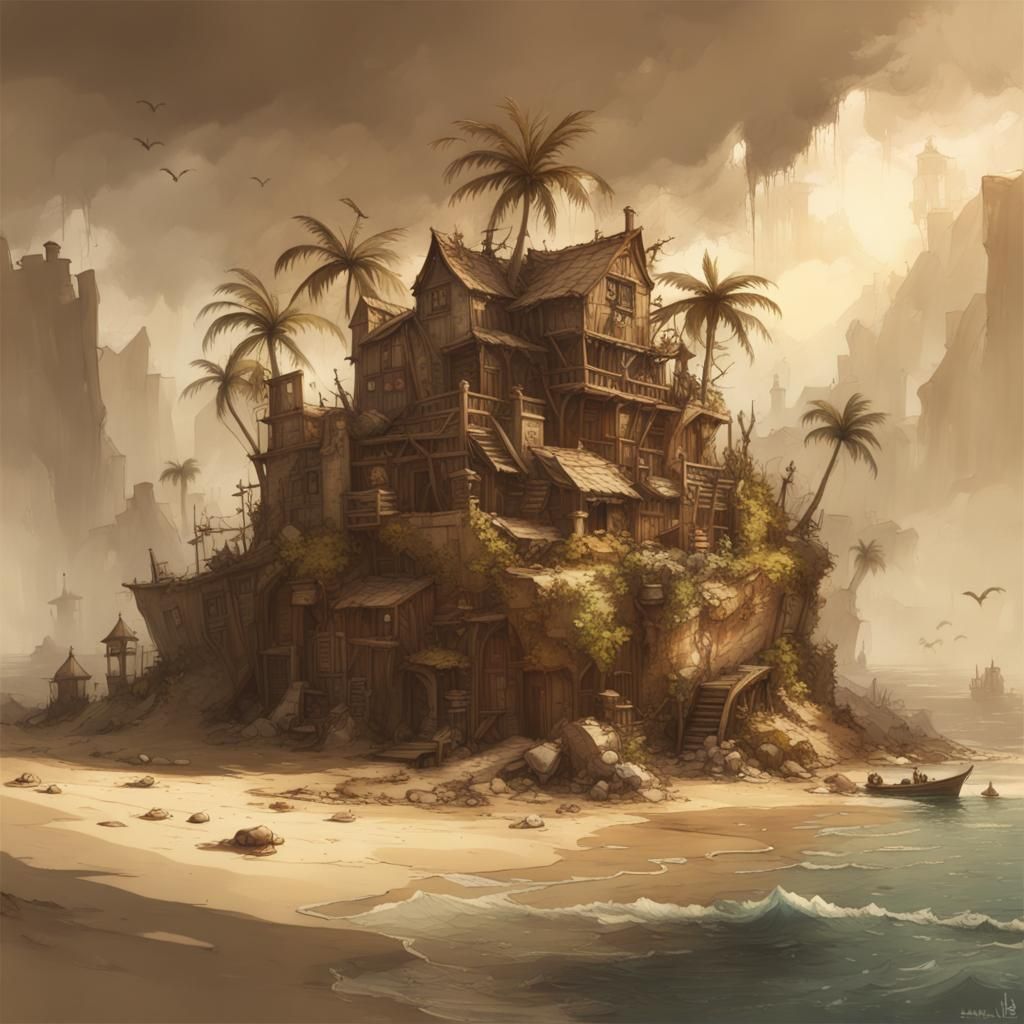 Sepia Treasure Map Island in Photorealistic Style