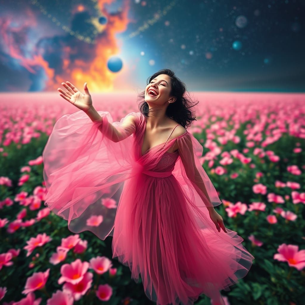 Laughing Woman Floating in Pink Flower Space