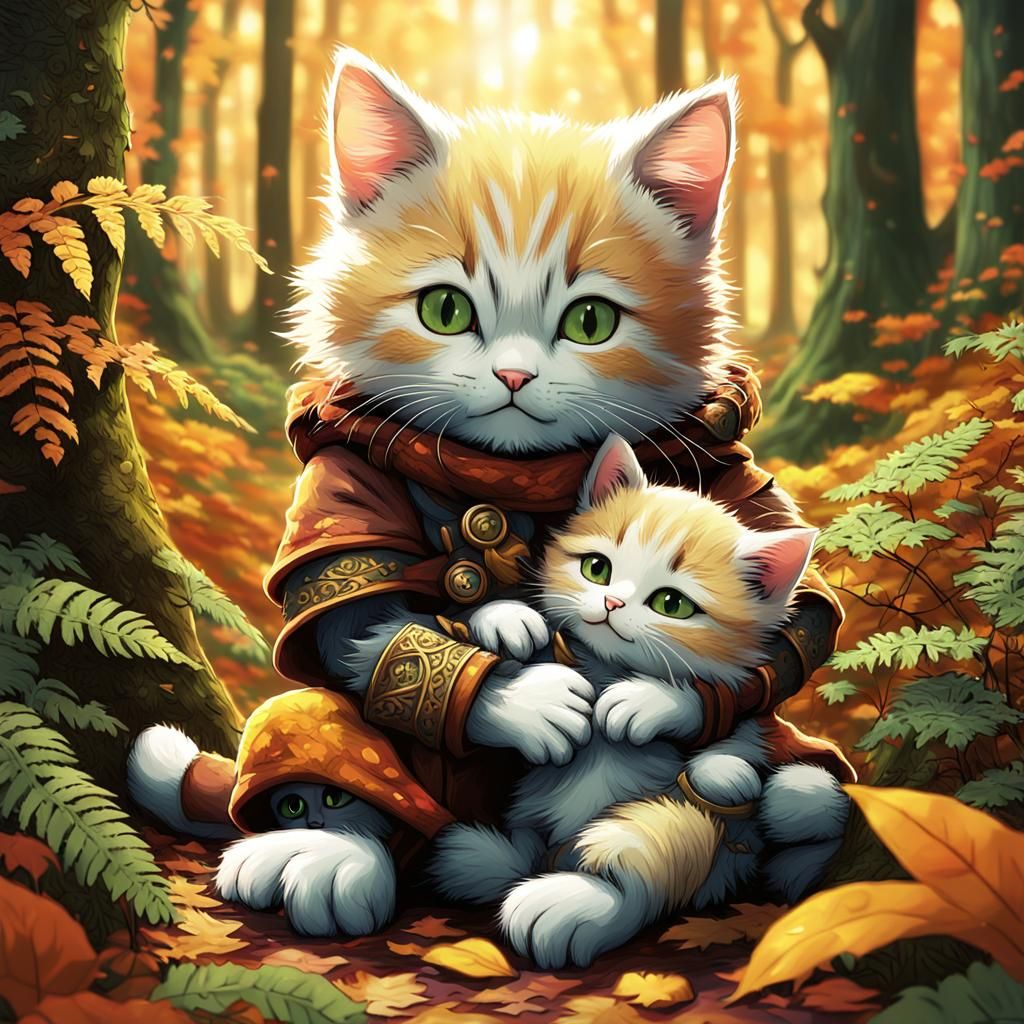 Kitten Cuddles Dwarf in Whimsical Autumn Forest