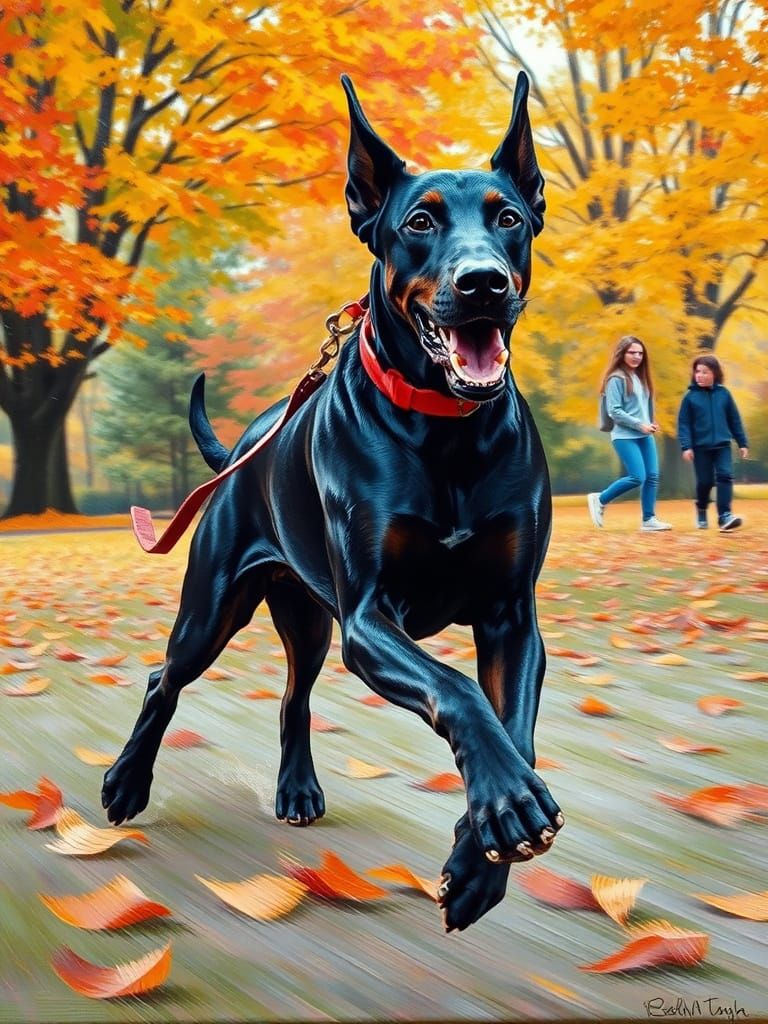 Doberman Pulls Teenager Through Autumn Park in Neo-Impressio...