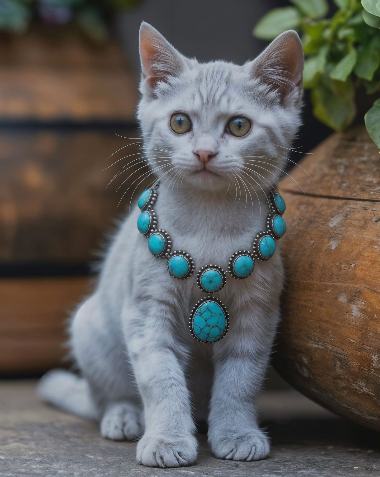 Silver Kitten with Turquoise Jewelry