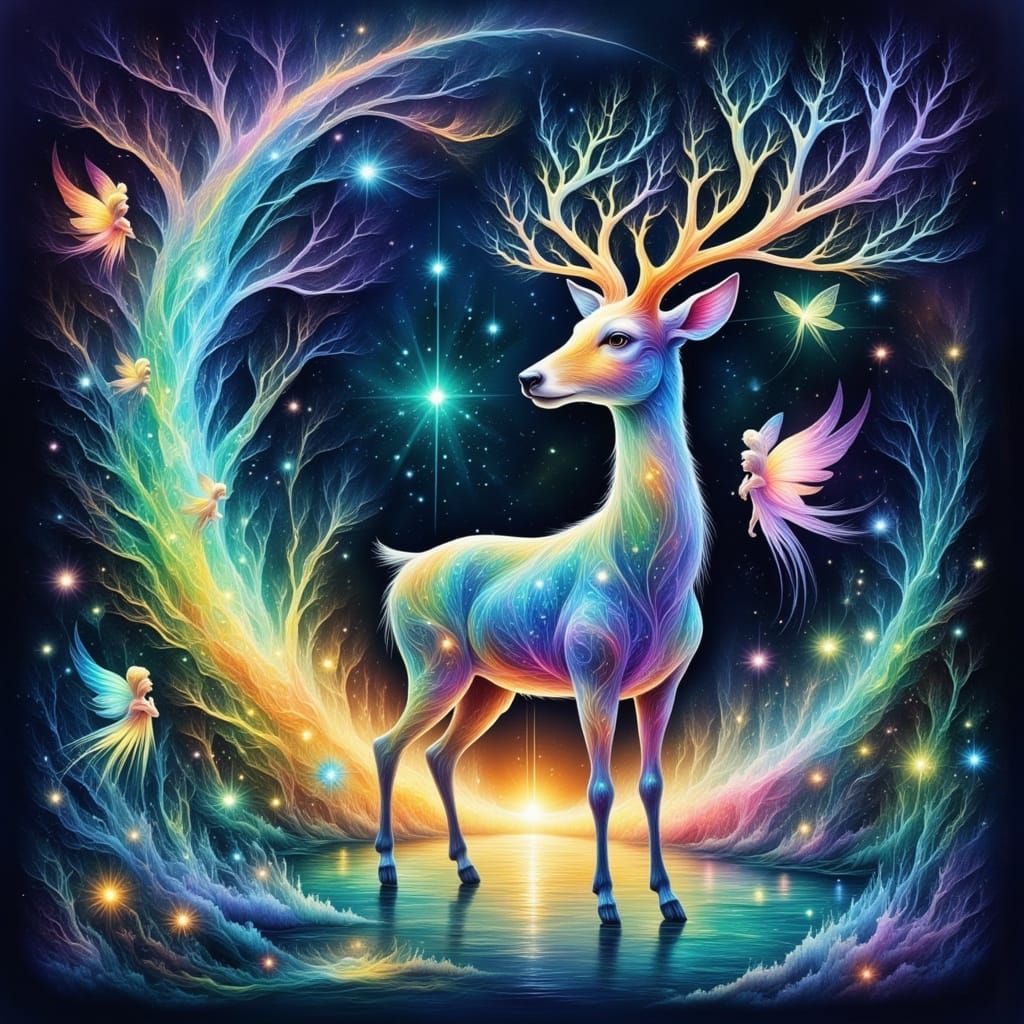Mystical Deer in Moonlit Lake, Watercolor Style