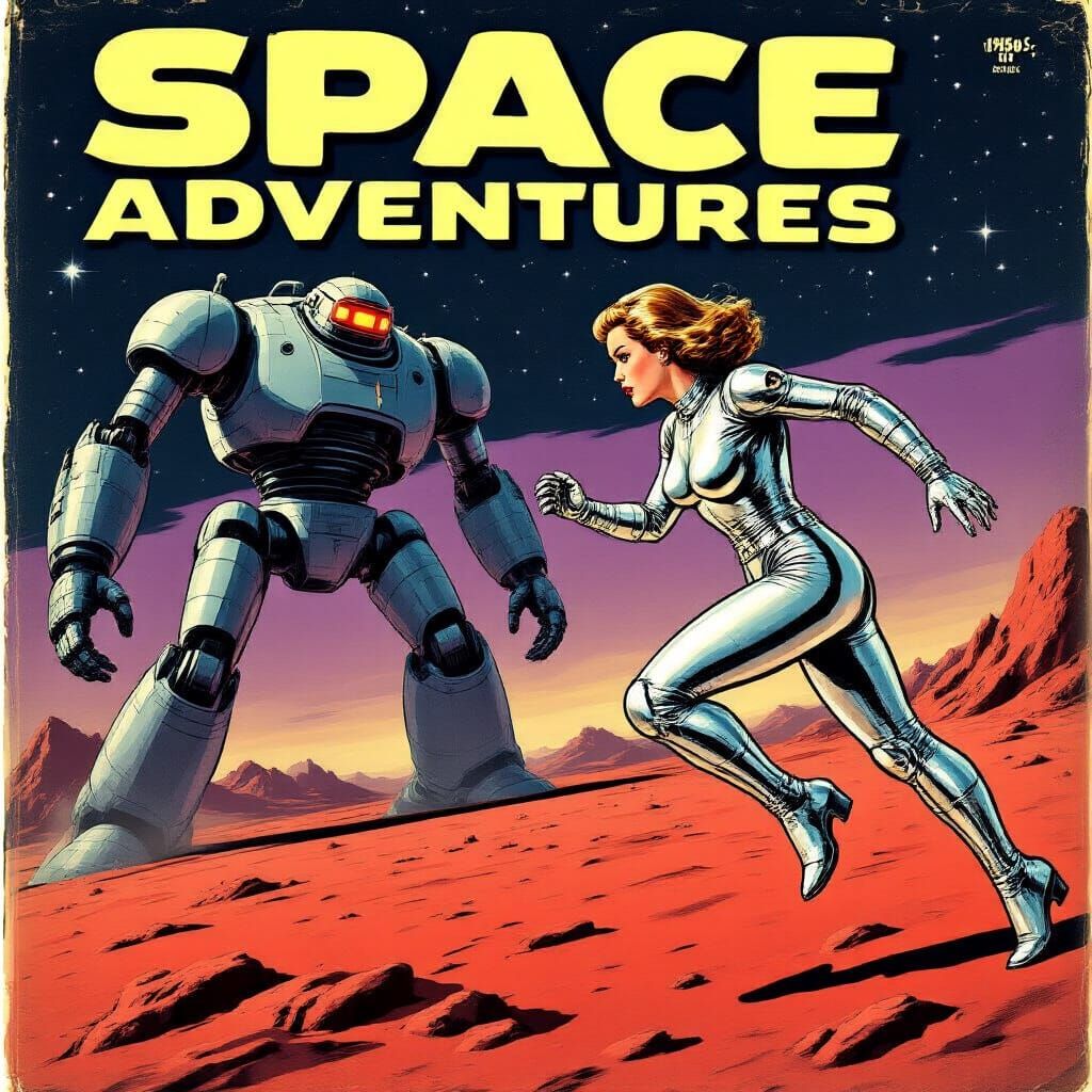 Woman Flees Giant Robot on Red Planet Comic Cover Art