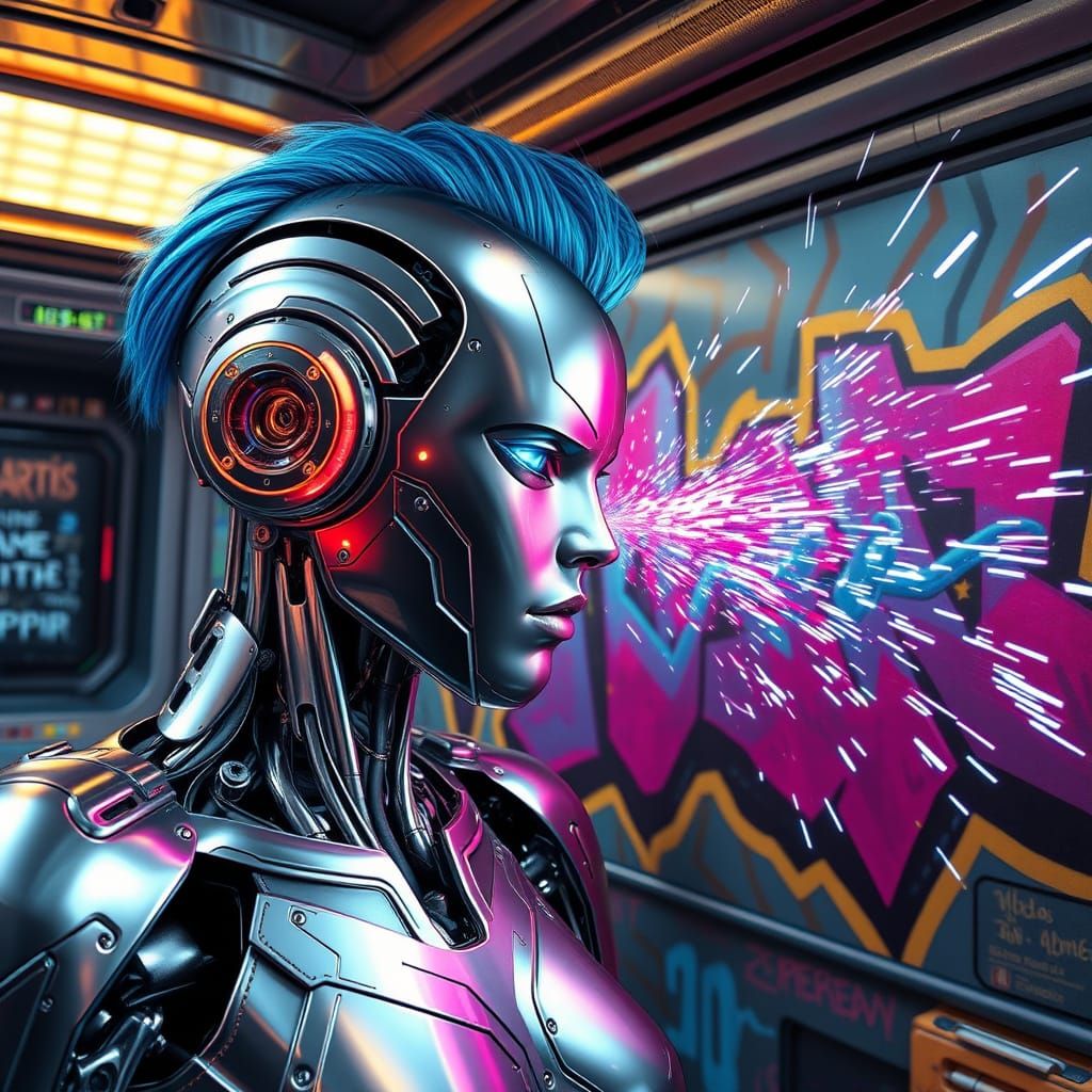 Hyperrealistic Robot Artist in Spacecraft Module