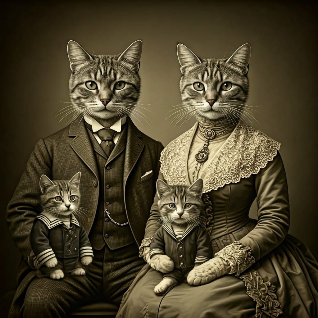 Victorian Cat Family Portrait in Sepia Tone
