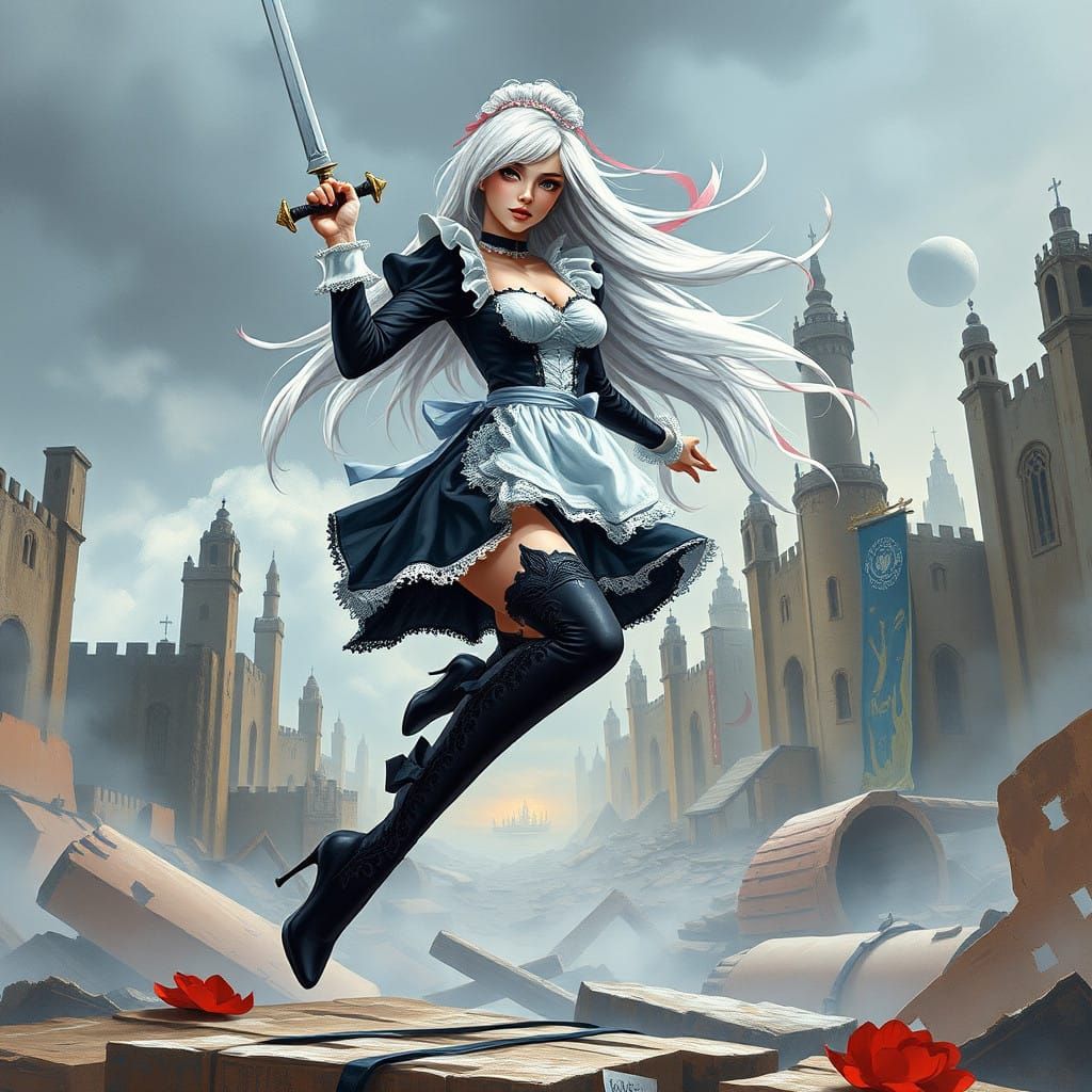 Sultry Maidess Leaps into Ruins, Wielding Sword with Finesse...