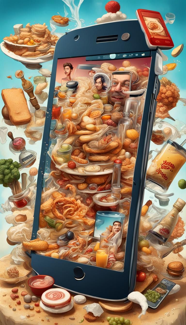 Cartoon Smartphone Overflowing with Absurd Content