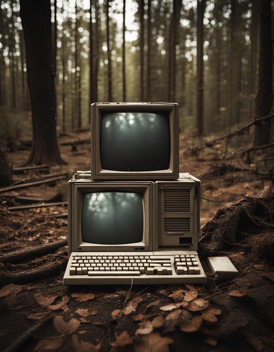 Retro Mac Computer Abandoned: Dramatic Forest Scene