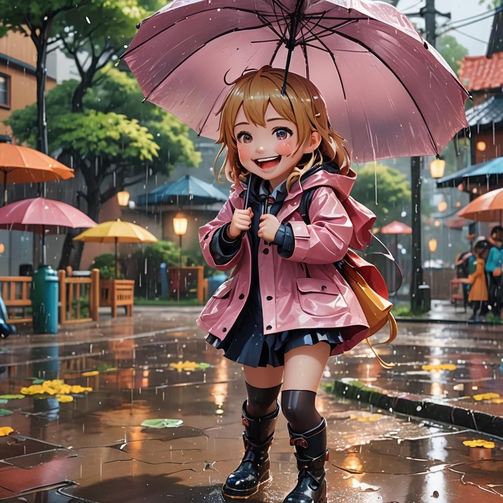 Playful Girl in Rainy Playground: Vibrant 3D Anime Art