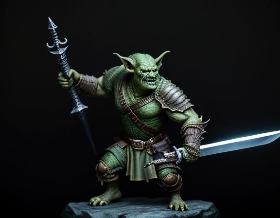 Goblin with Sword in Dimly Lit Cave