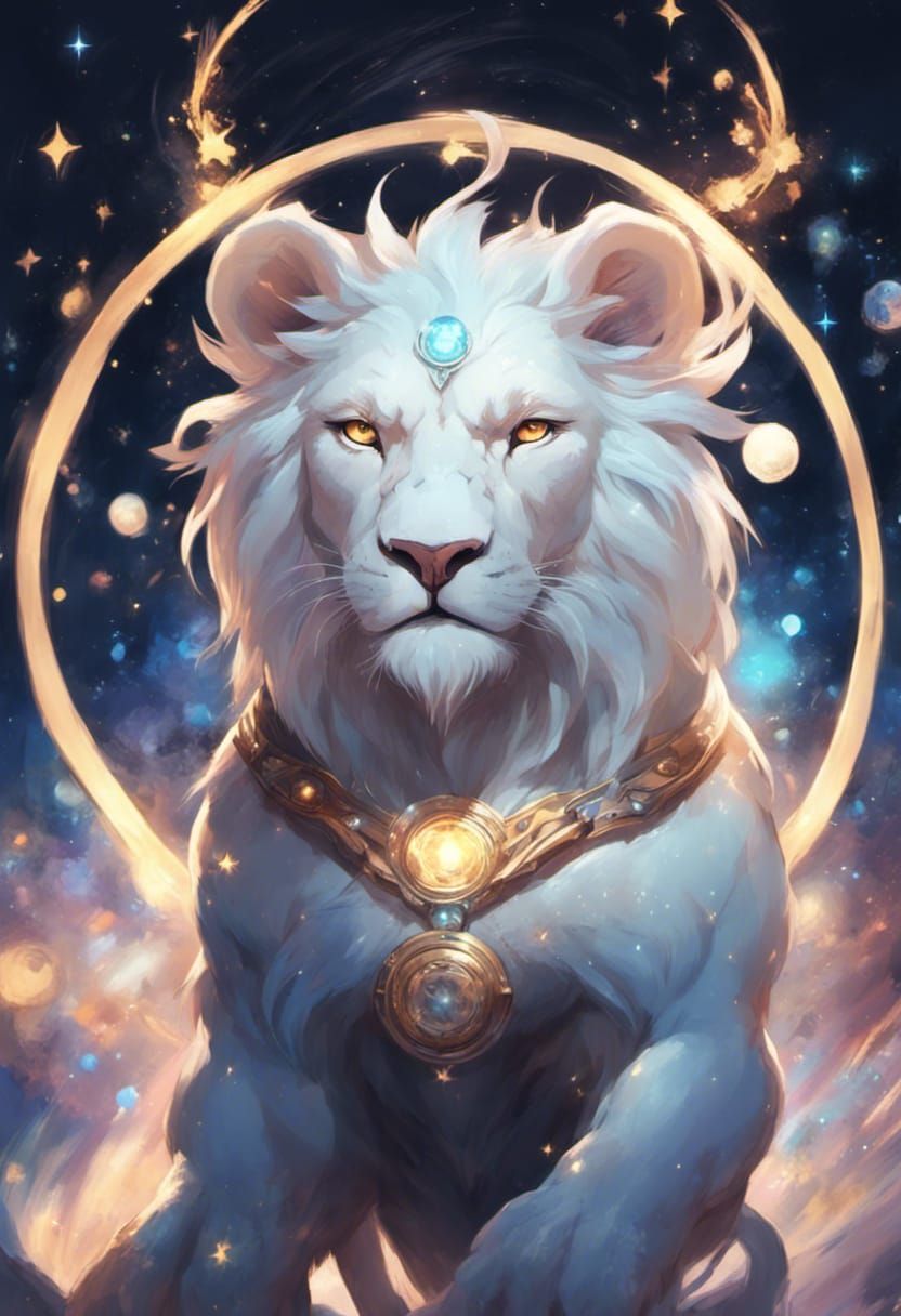 Mystic Albino Lion Portrait in Animated Style