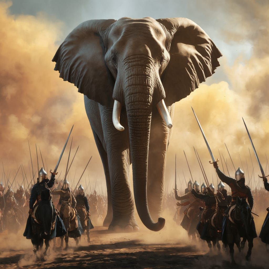Epic Medieval War Elephants in American-Style Painting
