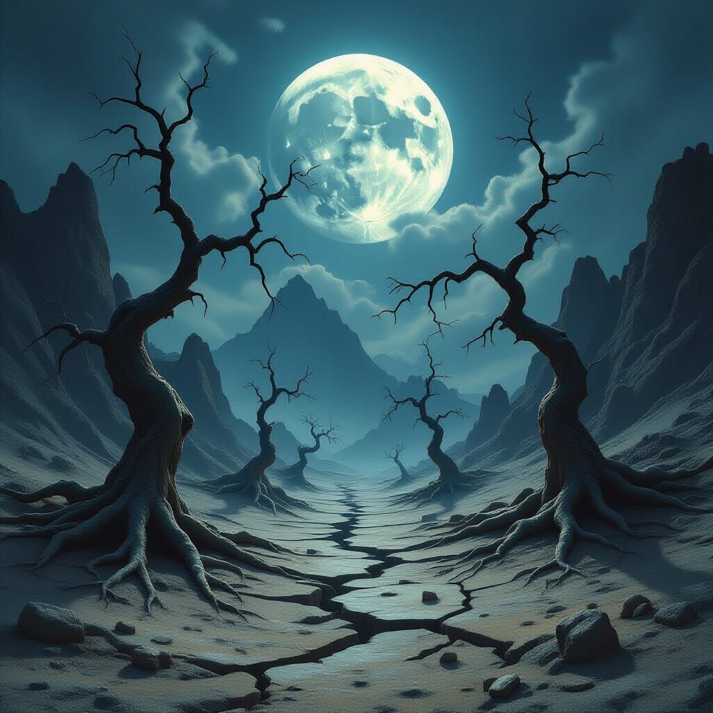 Eerie Mountainscape Under Full Moon