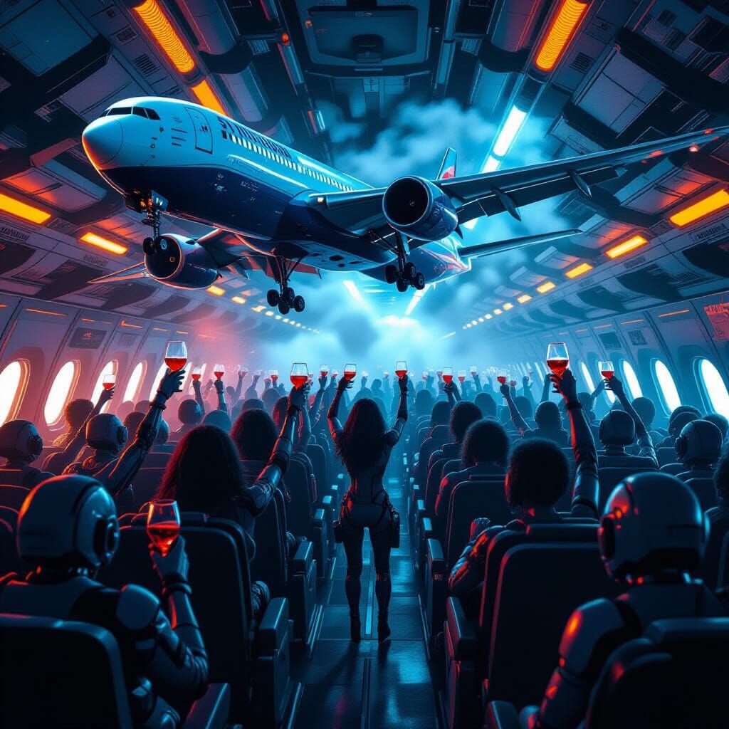 Cyberpunk Robots Party on Soaring Passenger Plane