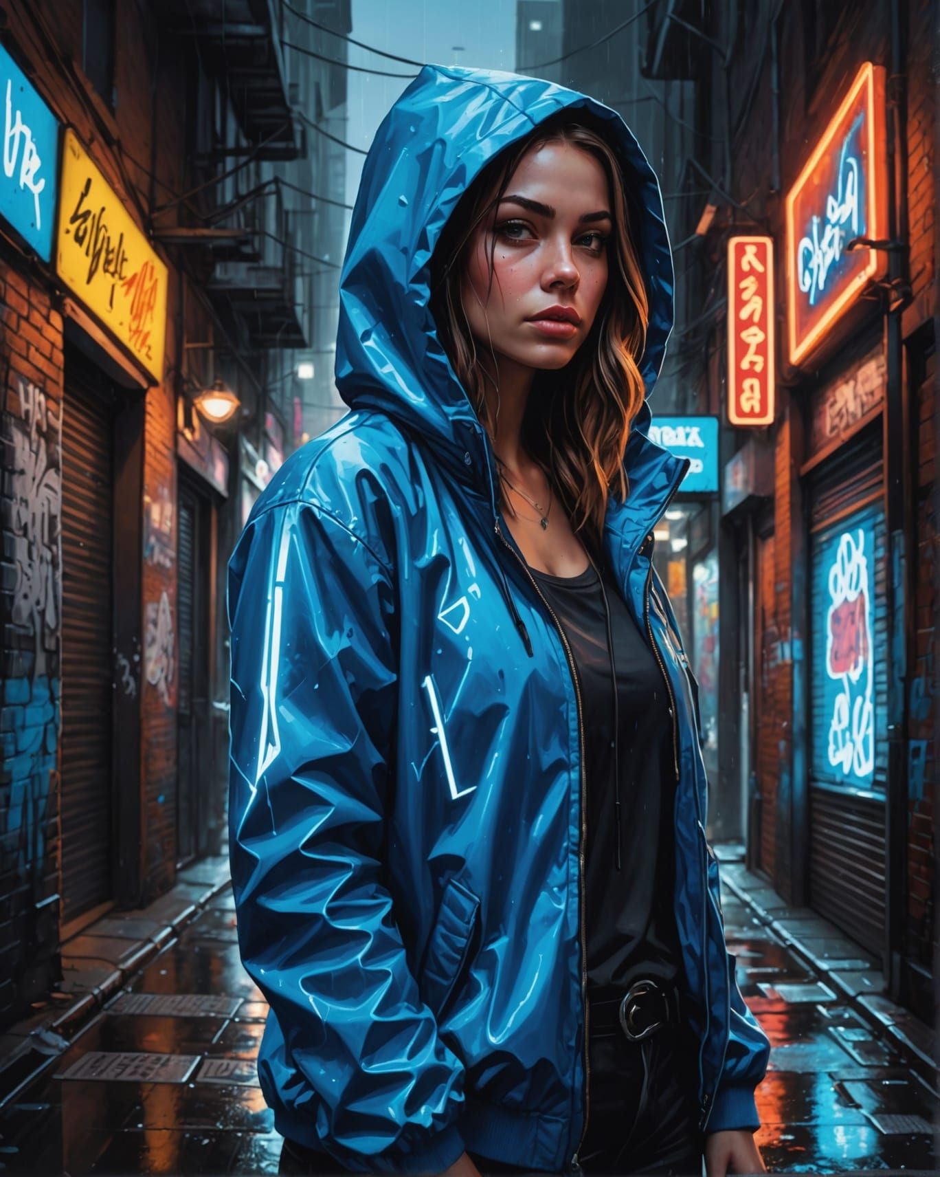 Woman in Glowing Jacket, Cyberpunk Alley