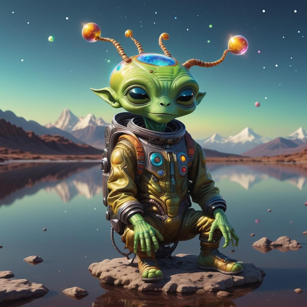 Happy Alien in Holographic Cosmic Art Style